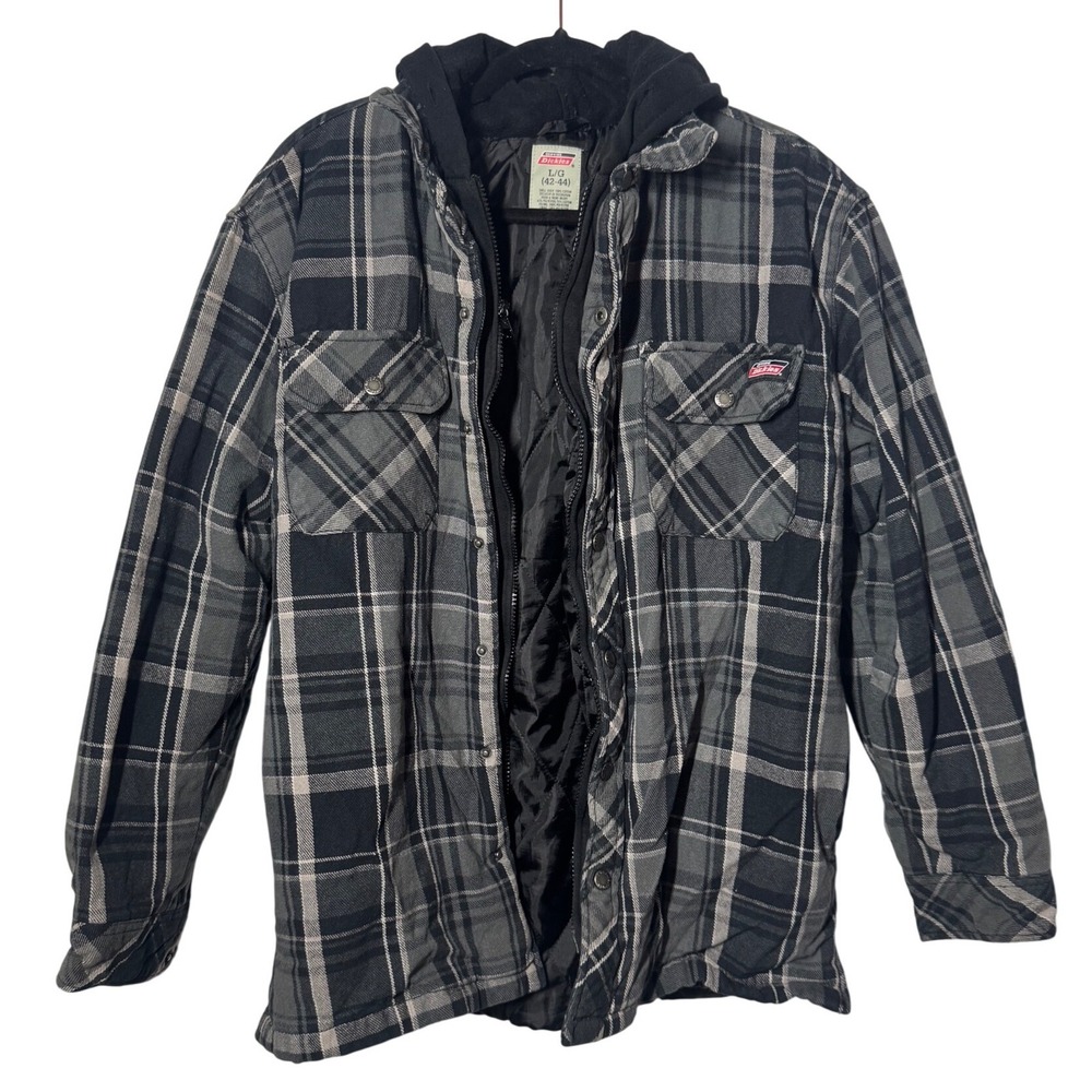 Genuine‎ Dickies Hooded Flannel Shirt Jacket L Grey Black Plaid Quilted Vintage
